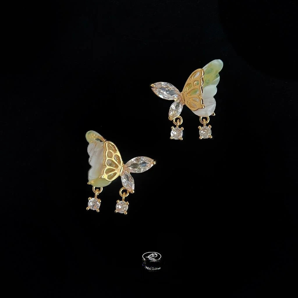 14K Plated Copper Resin Micro Pave Zircon 3D Butterfly Drop Earrings Sweet Elegant Style