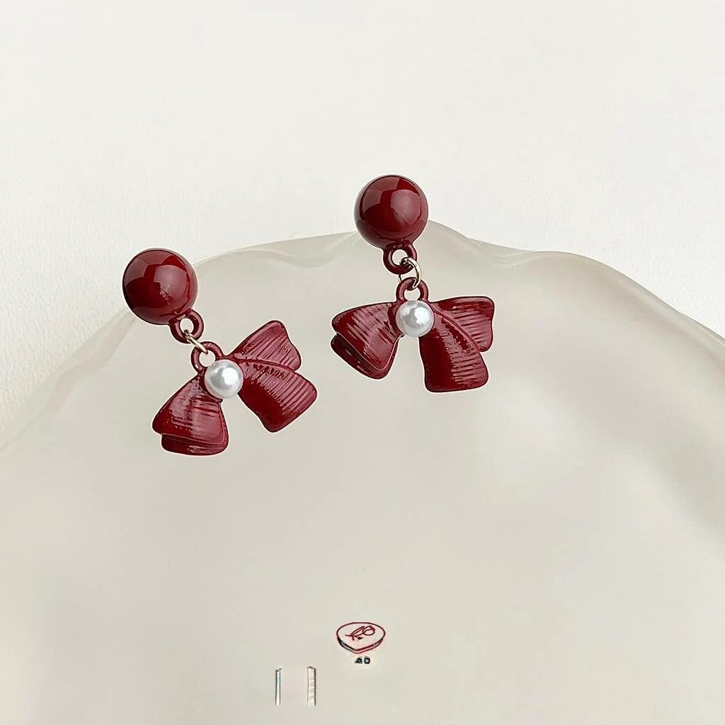 Burgundy Enamel Metal Bow Drop Earrings Retro Hong Kong Style Autumn Winter Jewelry