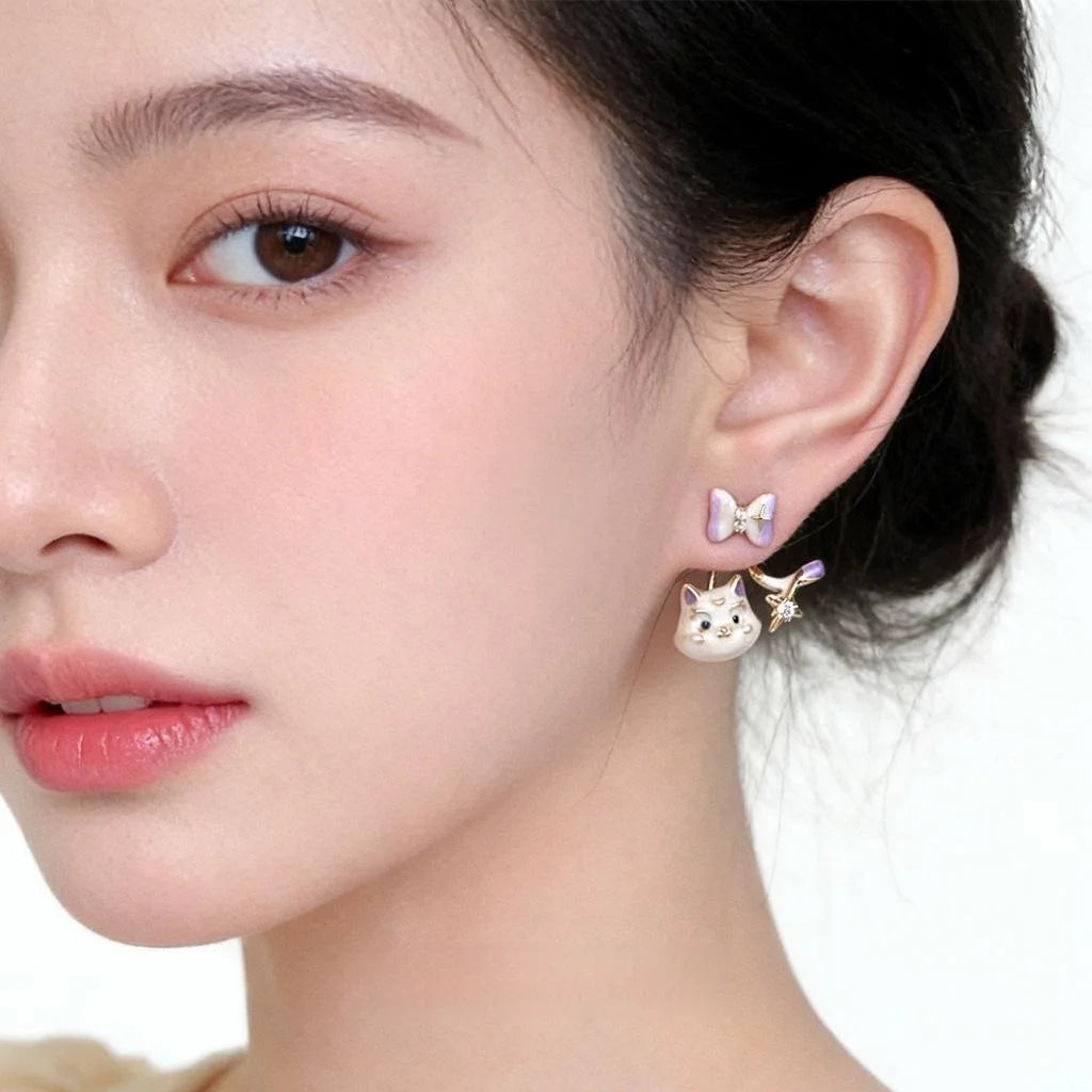 Cute Enamel Lucky Cat Bow Drop Earrings, Copper Zircon Painted Jewelry
