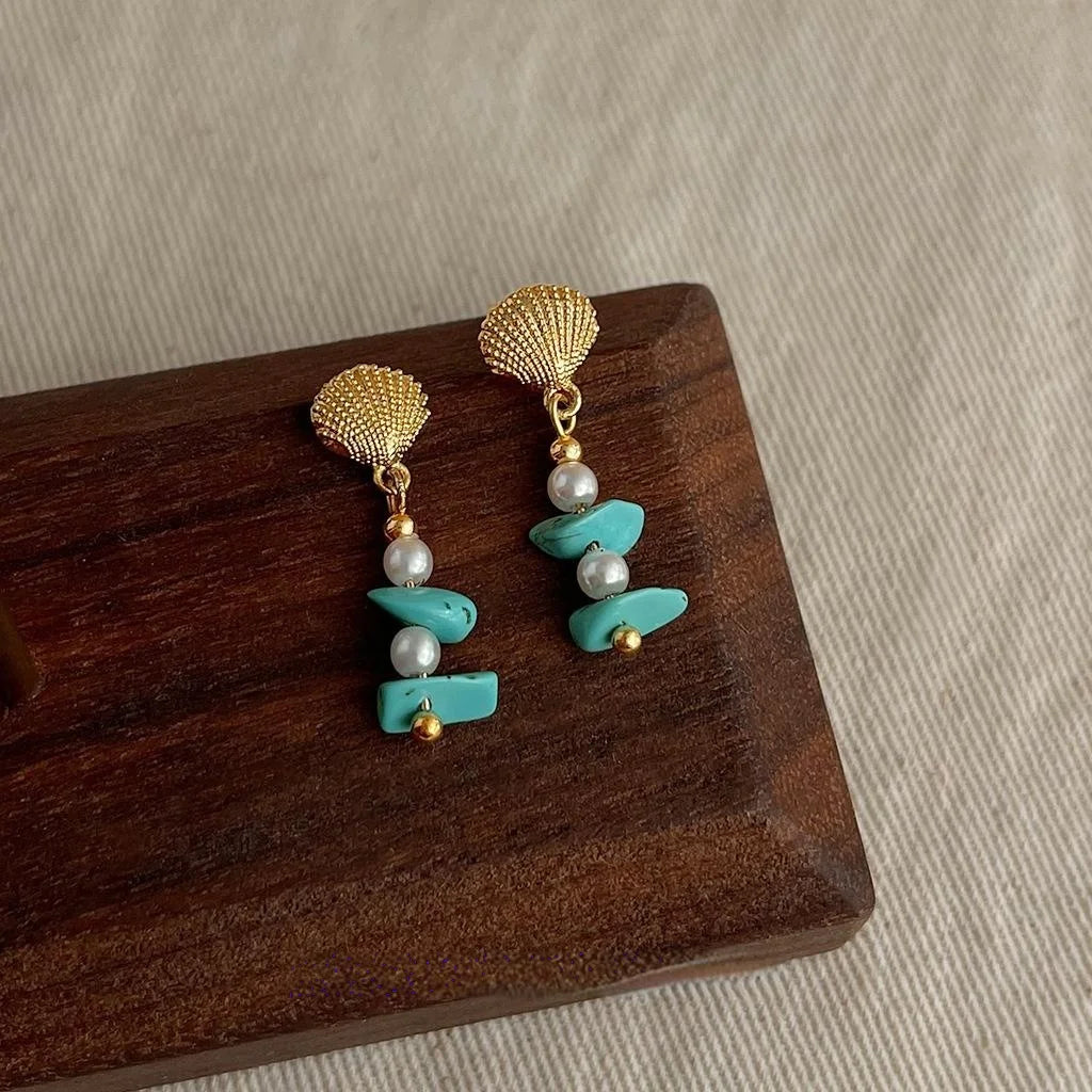 Original Designer Synthetic Turquoise Beaded Shell Pearl Eco Copper Boho Drop Earrings