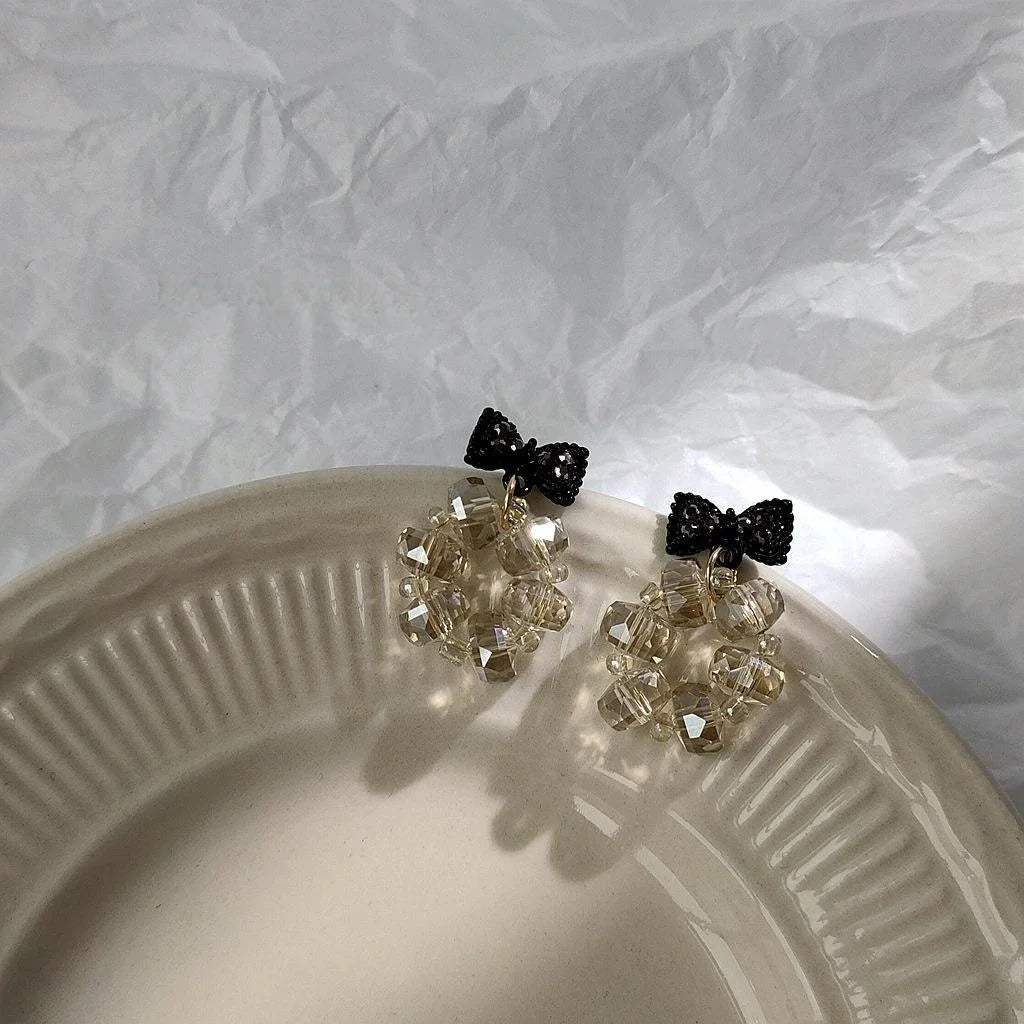 14K Gold Plated Black Crystal Bow Drop Earrings Handmade Korean Light Luxury Style