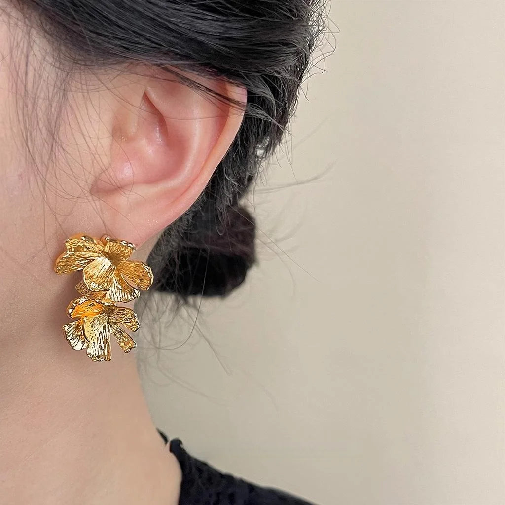 Vintage 14K Gold Plated Copper 3D Flower Petal Convertible Drop Earrings