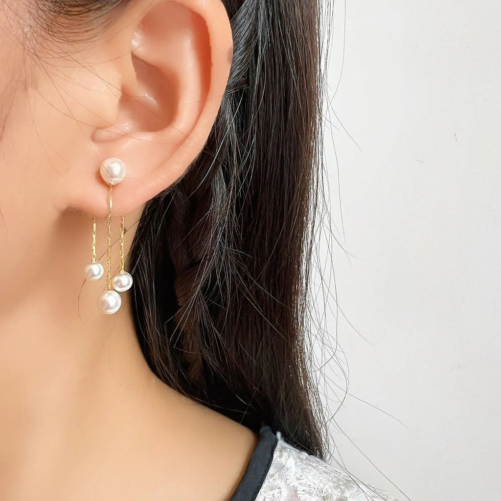 Elegant Pearl Tassel Spiral Disc Alloy Stud & Clip On No Piercing Back Hanging Drop Earrings