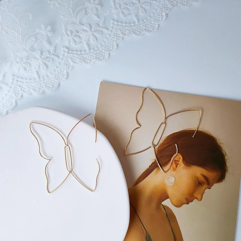 14K Gold Plated Copper Oversized Butterfly Drop Earrings Geometric Hollow Statement Jewelry