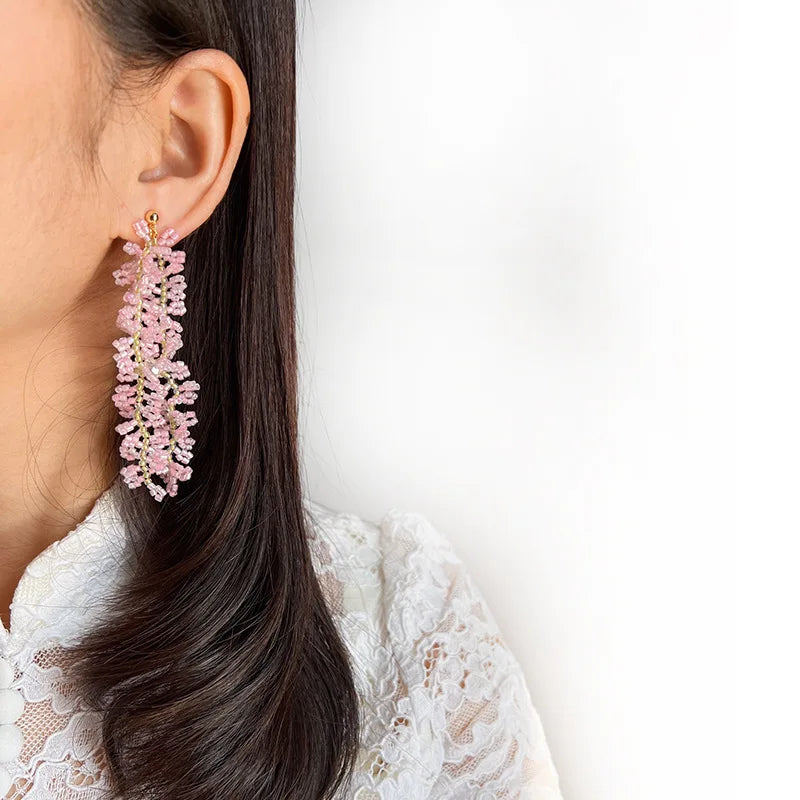 Elegant Pink Flower Beaded Long Tassel Alloy Stud & Clip On No Piercing Handmade Fringe Earrings