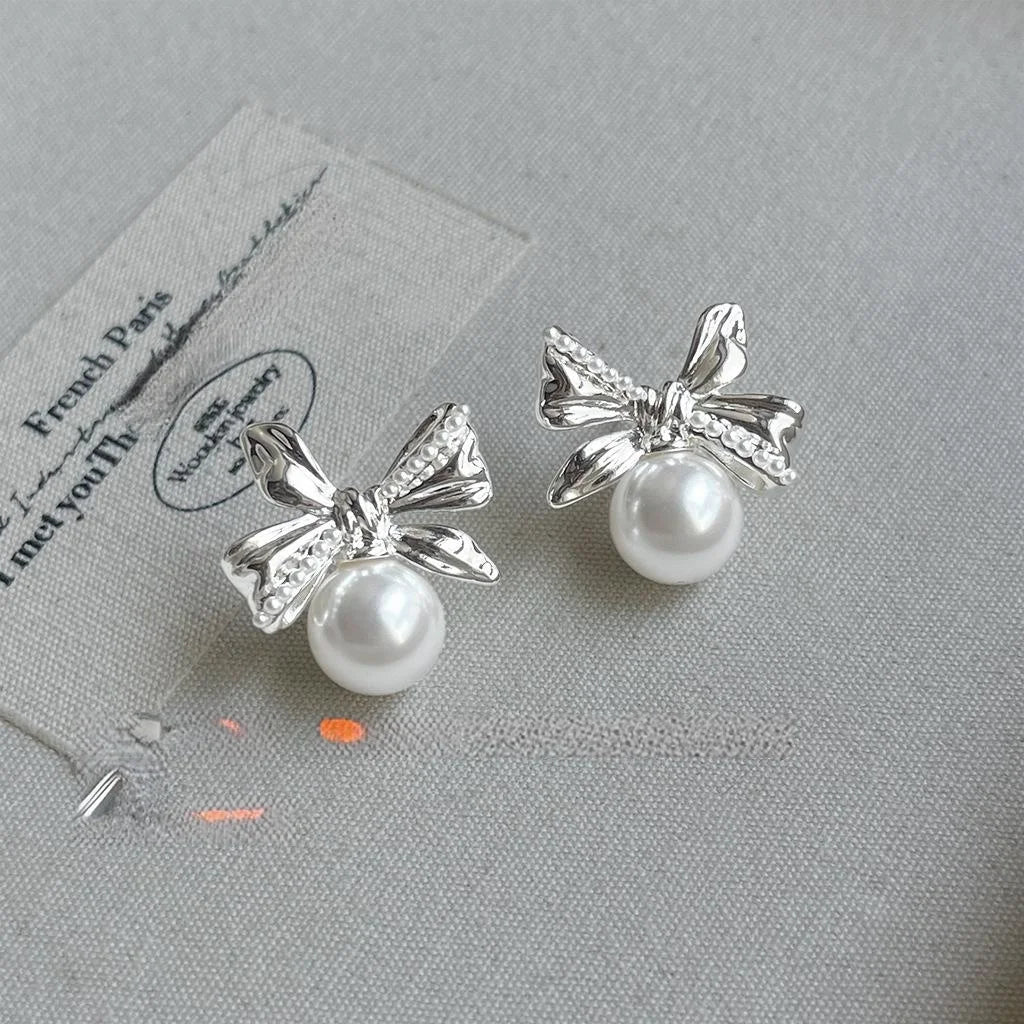 Fashion Silver Bow Glass Pearl Stud Earrings Eco-Friendly Copper Geometric Sweet Jewelry