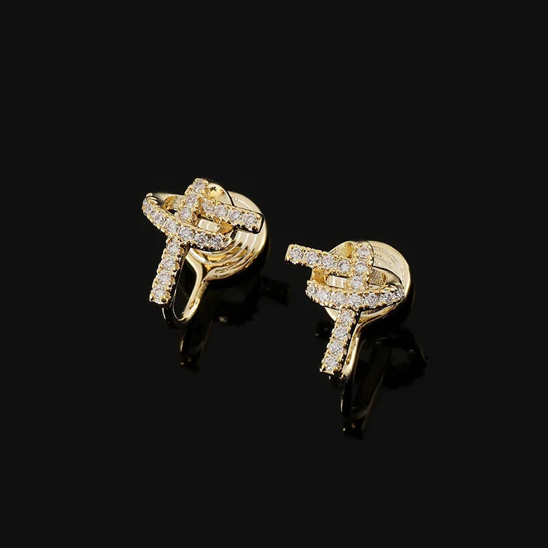 Elegant Pave Zircon Heart Knot Spiral Gold Alloy Stud & Clip On No Piercing Fashion Earrings
