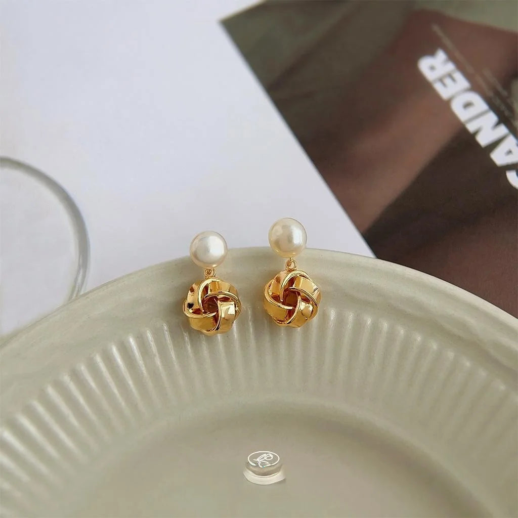 Minimalist Freshwater Pearl Geometric Line Drop Earrings 14K Gold Plated Copper Elegant Daily Jewelry