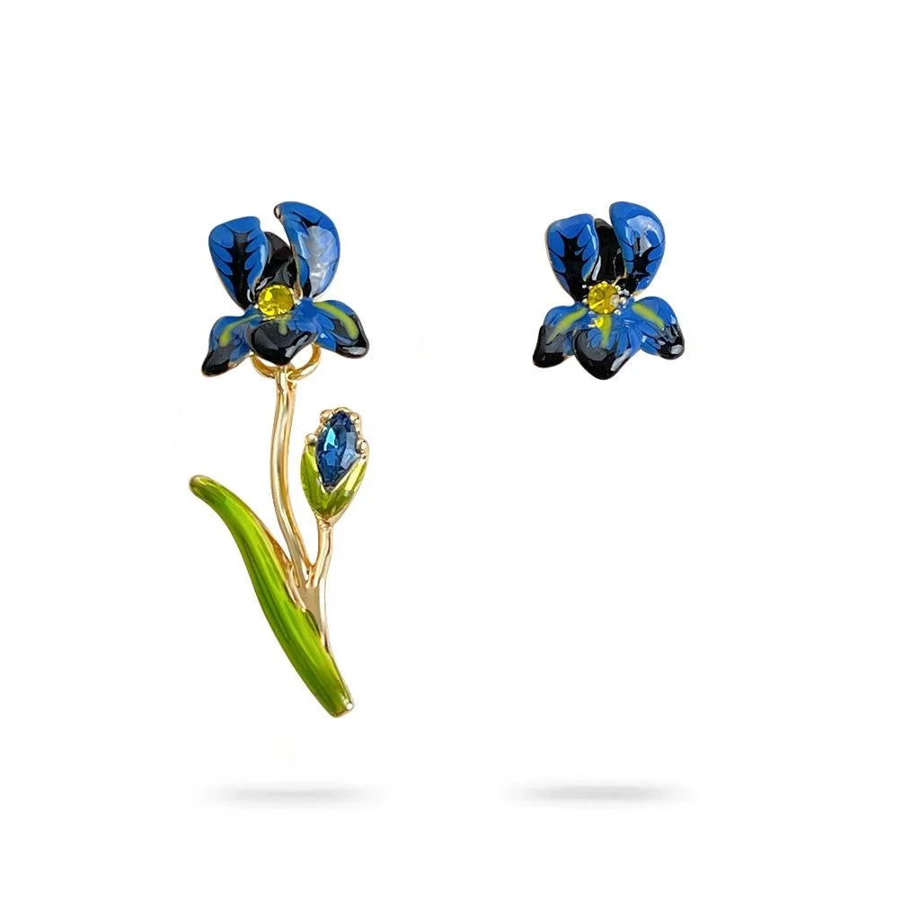 Asymmetric Iris Flower Enamel Copper 14K Plated Sweet Drop Earrings