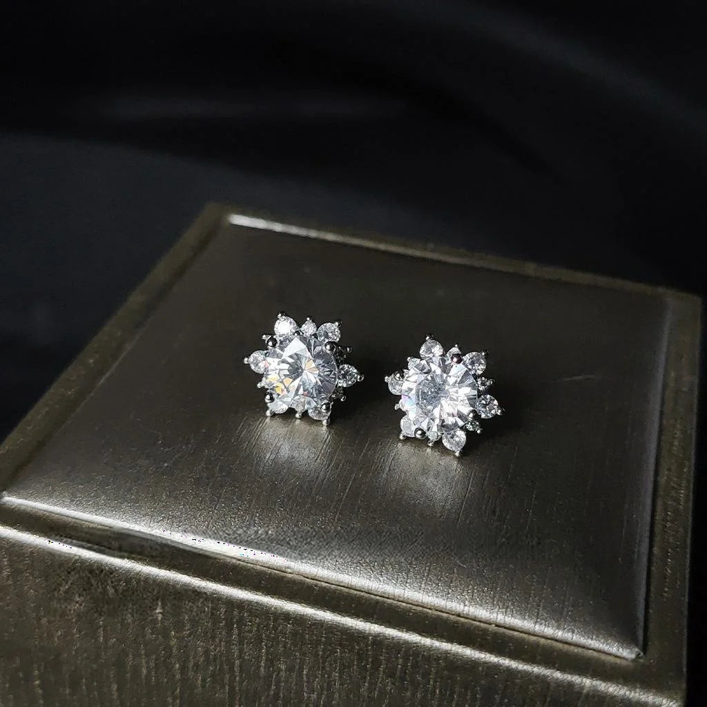 Mini Snowflake Micro Pave Zircon Copper Stud Earrings Silver Plated Pins For Women