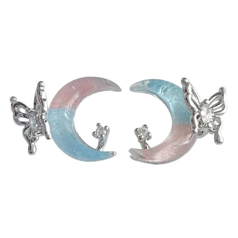 Sweet Cool Copper Moon And Liquid Butterfly Stud Earrings, Niche Designer Trendy Jewelry