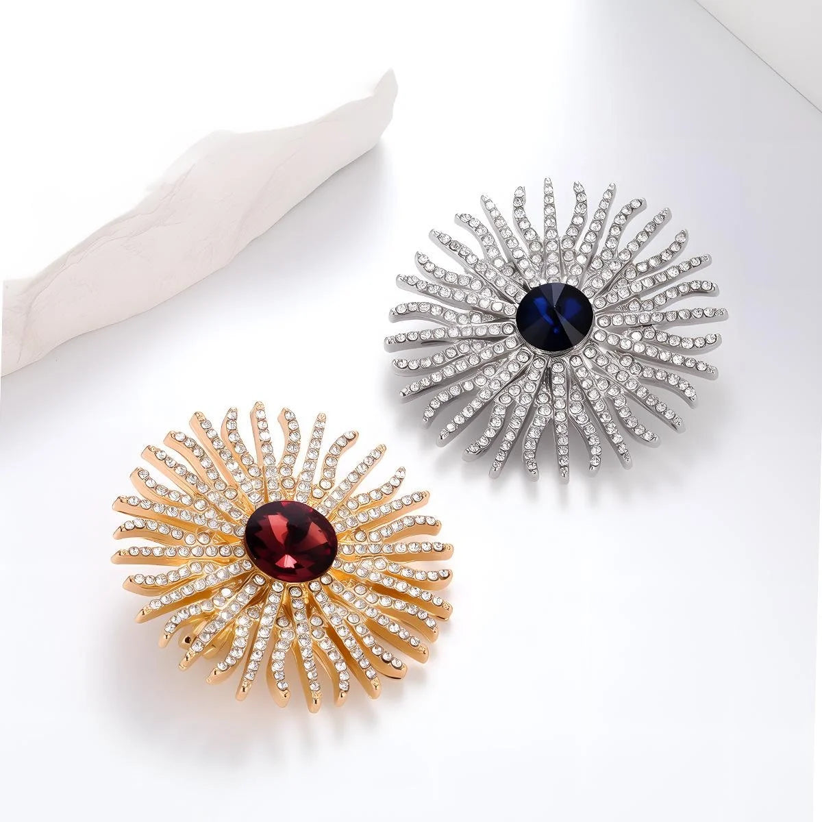Luxury Sunflower Sunburst Rhinestone Brooch With Blue Glass Center, Elegant Women's Lapel Pin Suit Accessory