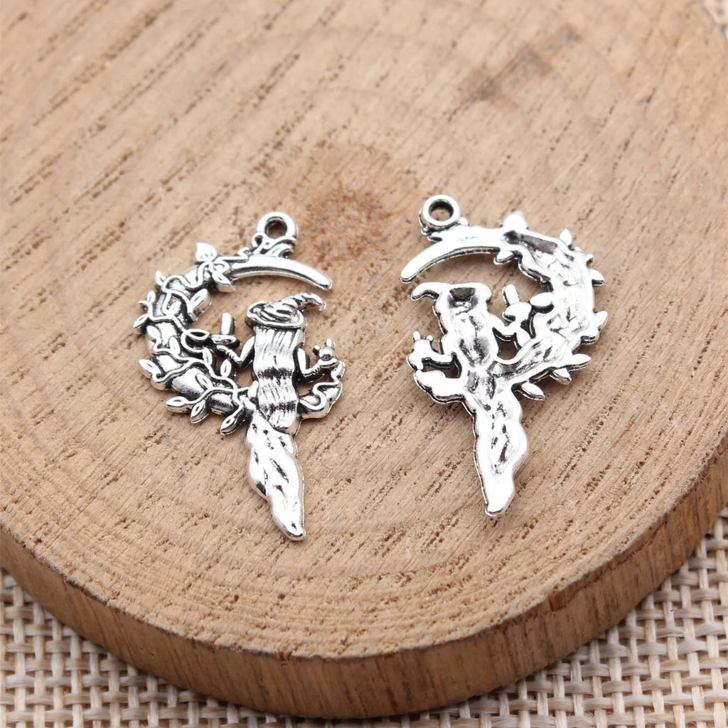 25x14mm 1.05g Antique Silver Zinc Alloy Moon Witch Charm Pendant for DIY Vintage Necklace Jewelry