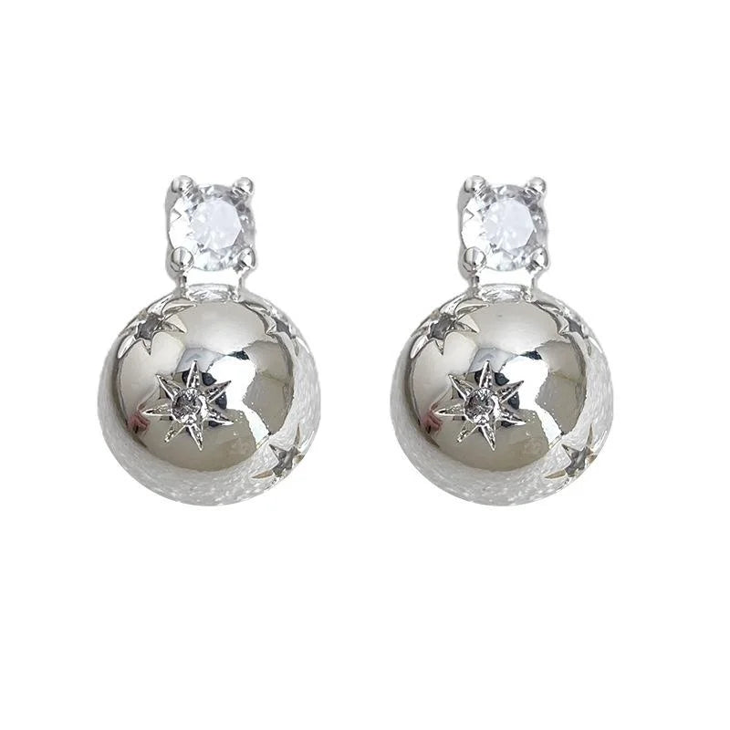 Light Luxury Copper Zircon Starburst Half Circle Geometric Silver Plated Stud Earrings