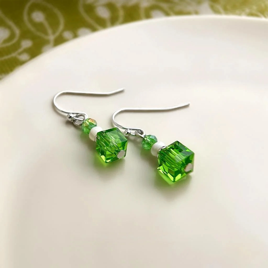 Fresh Green Glass Crystal Imitation Pearl Geometric Round Drop Earrings for Women