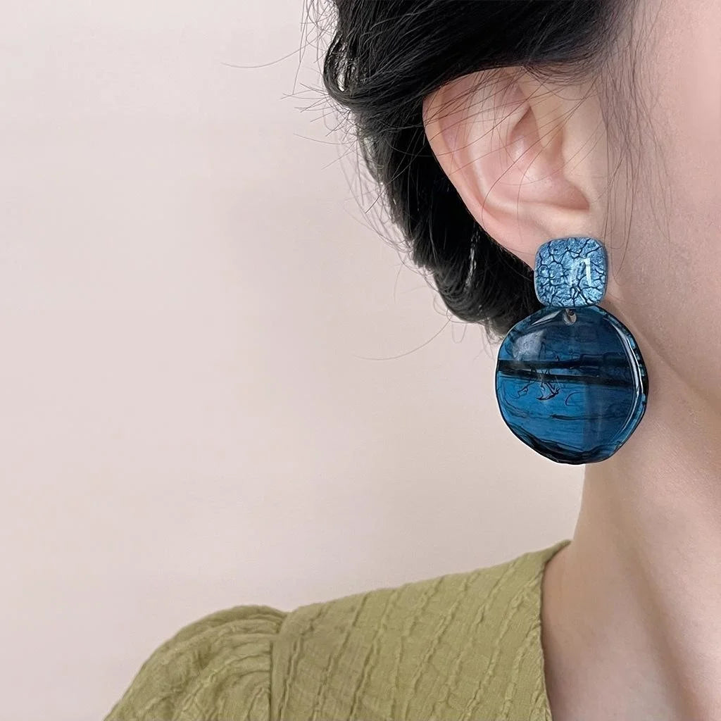 Glacier Blue Resin Round Geometric Drop Earrings, Statement Vacation Style Women's Jewelry