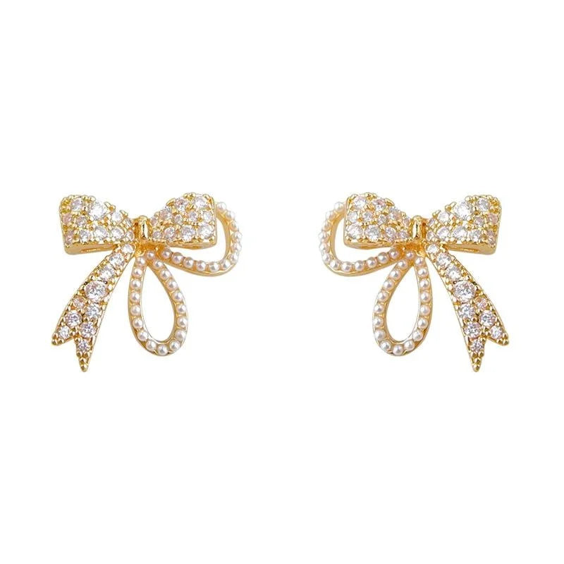 14K Electroplated Copper Bow Stud Earrings With Zircon Micro Pave Light Luxury