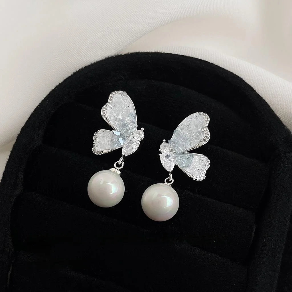 Silver Plated Copper Gradient Blue Butterfly Drop Earrings With Zircon Glass Crystal Pearl