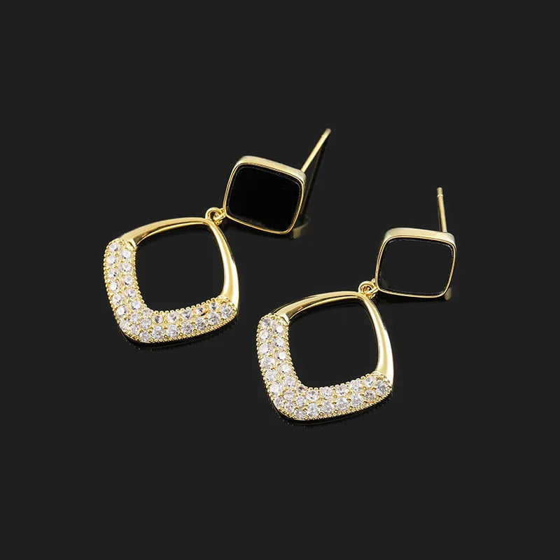 Luxury Geometric Black Enamel Square Rhinestone Alloy Dangle Stud & Clip On No Piercing Earrings