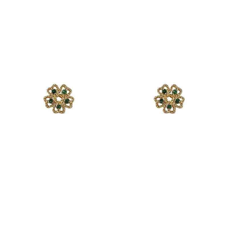 Mini Micro Pave Zircon Five Petal Flower Copper Stud Earrings With 14K Plated