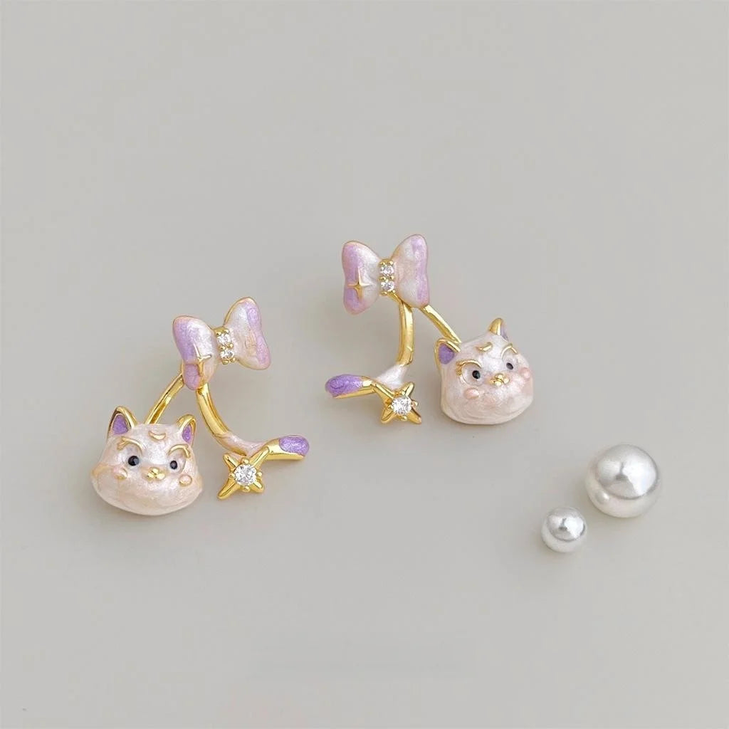 Cute Enamel Lucky Cat Bow Drop Earrings, Copper Zircon Painted Jewelry