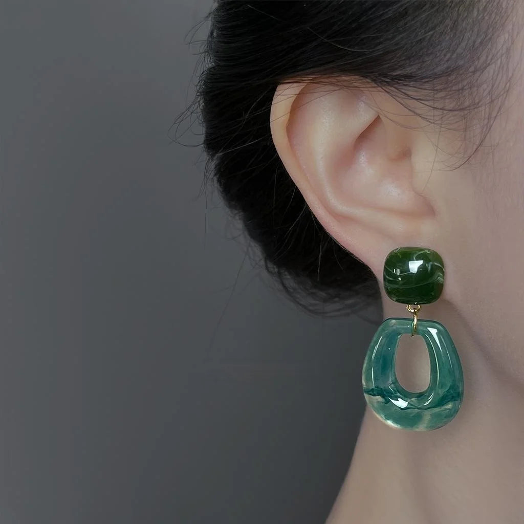 Vintage Green Geometric Acrylic Stud Earrings Handmade Gradient Round Artistic Jewelry