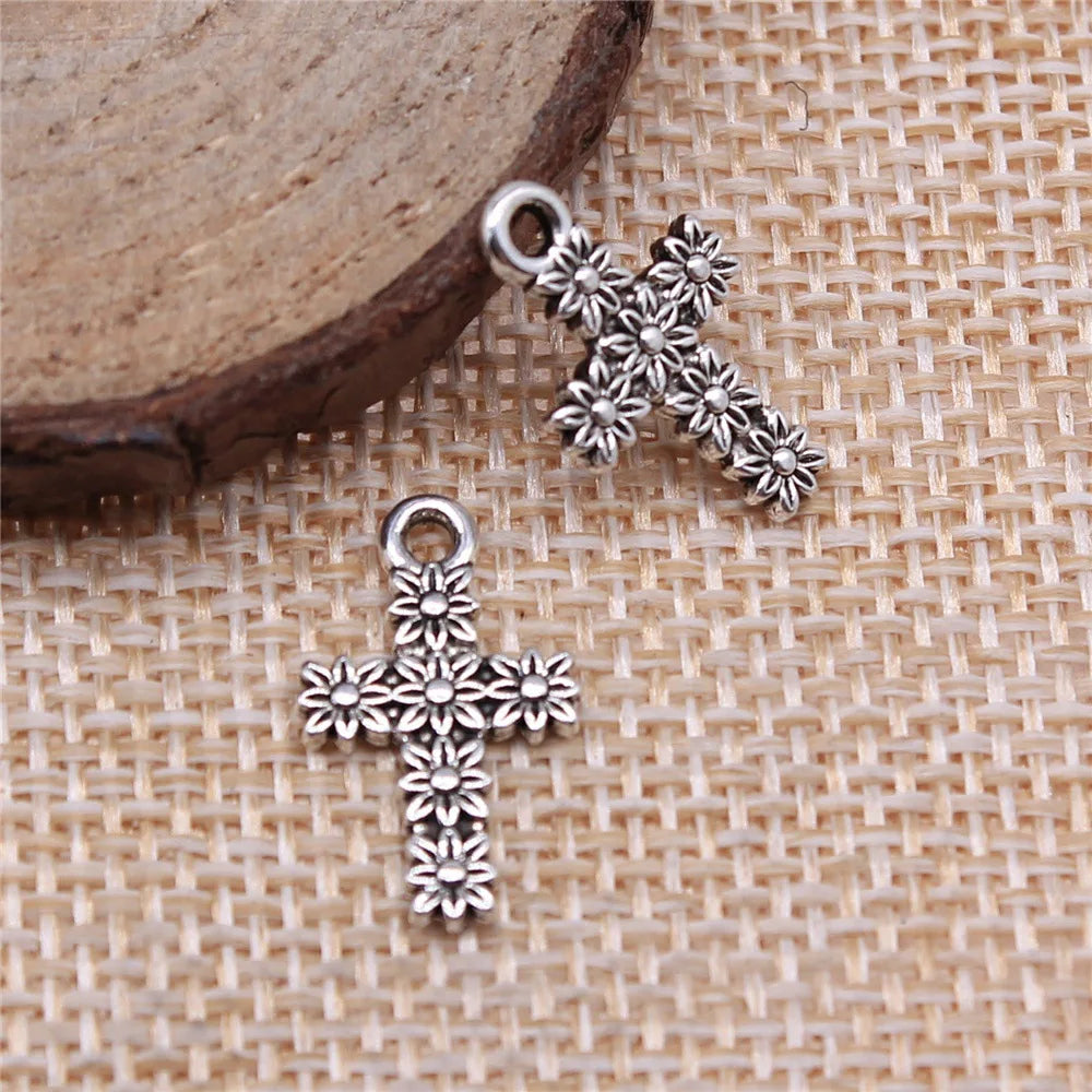 11x18mm 0.6g Antique Silver Zinc Alloy Flower Cross Charm Pendant for DIY Bracelet Necklace Making