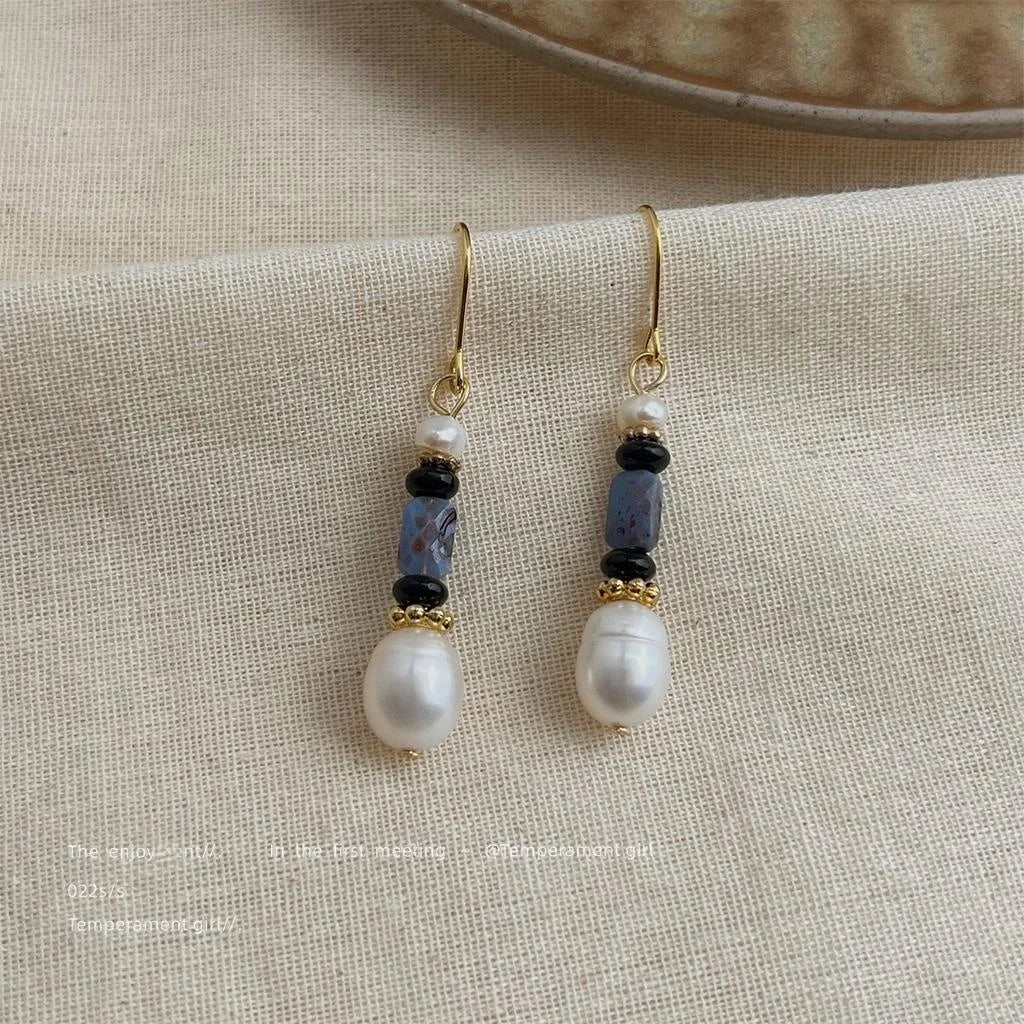 Handmade Natural Freshwater Pearl Drop Earrings Ethnic Retro Navy Blue Geometric Design