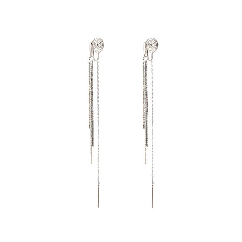 Elegant Silver Alloy Spiral Disc Long Tassel Threader Chain Stud & Clip On No Piercing Drop Earrings