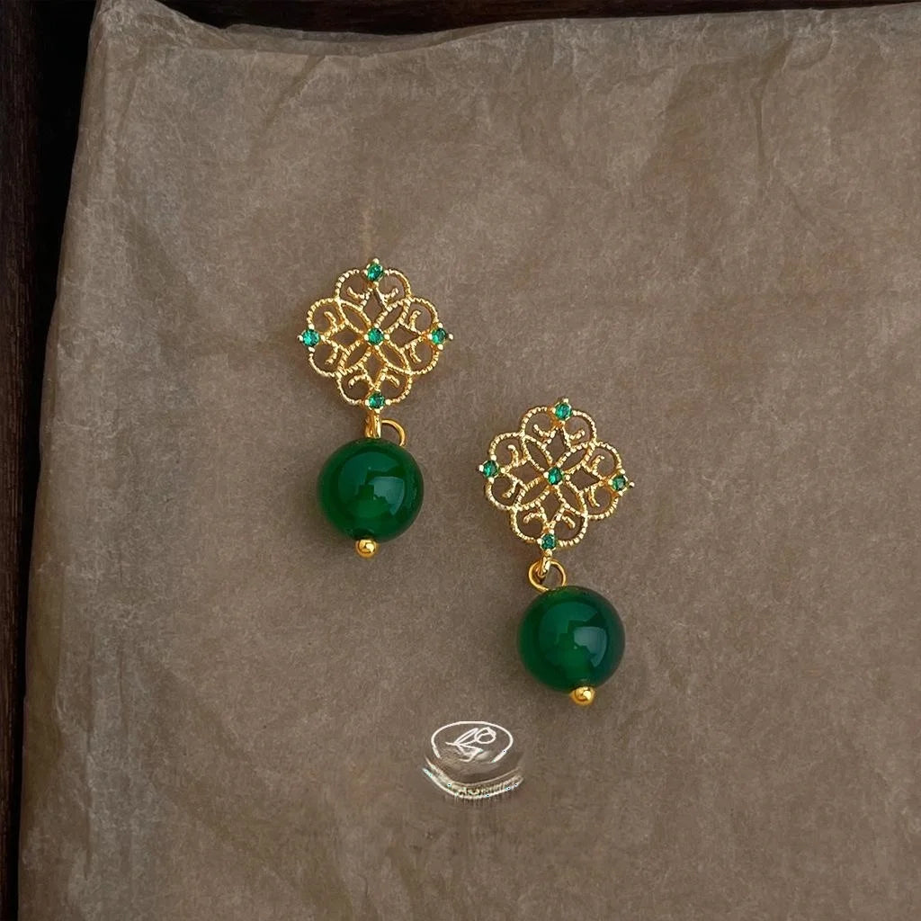 Vintage French 14K Gold Plated Copper Green Agate Zircon Micro Pave Stud Earrings