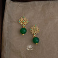Vintage French 14K Gold Plated Copper Green Agate Zircon Micro Pave Stud Earrings