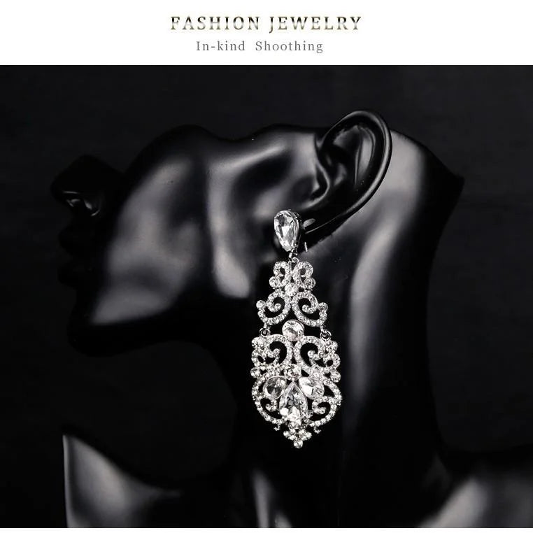 Luxury Hollow Teardrop Rhinestone Crystal Alloy Chandelier Earrings For Wedding Party Banquet Gift