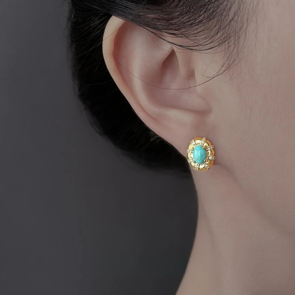 Vintage Oval Synthetic Turquoise Zircon Micro Pave Copper Stud Earrings With Silver Plated Pins