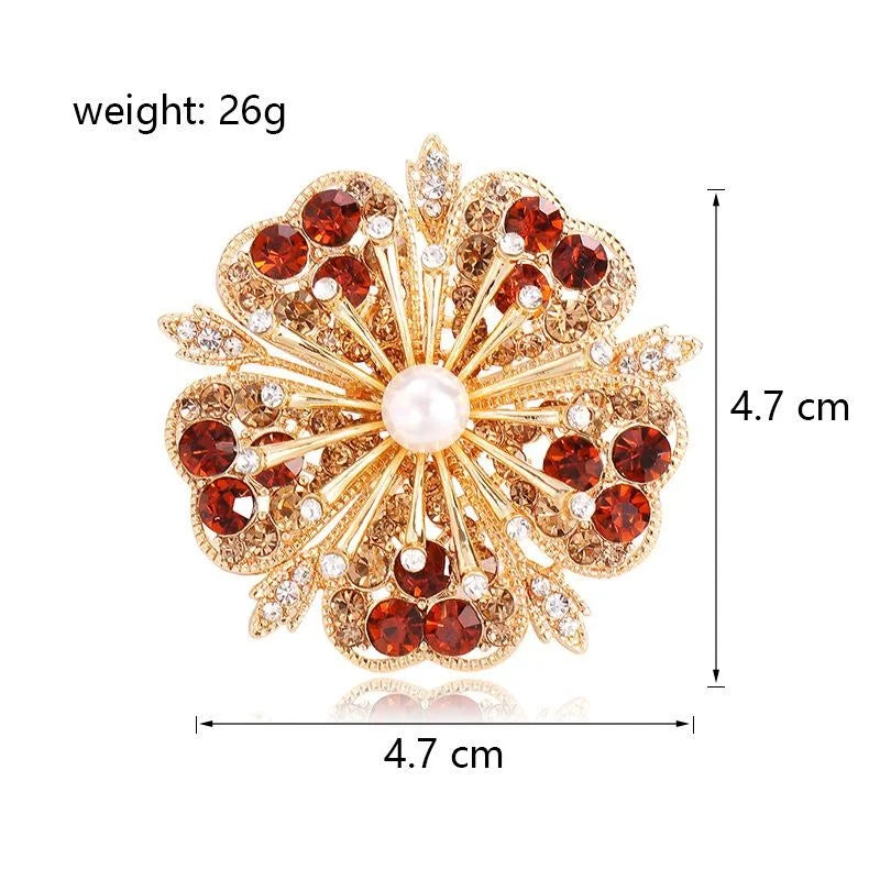 Luxury Flower Brooch With Purple Green Rhinestones And Pearl Center, Elegant Alloy Lapel Pin Corsage Gift
