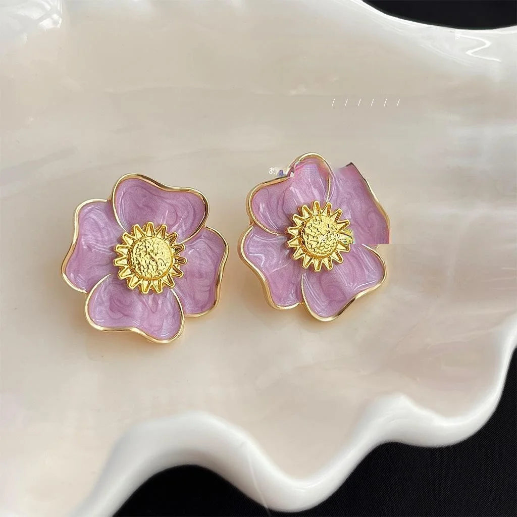 Vintage French Floral Alloy Stud Earrings Pink Purple Enamel Daisy Statement Jewelry
