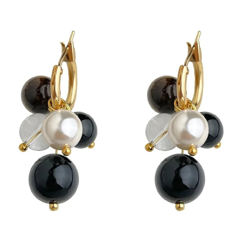 Maillard Style Tiger Eye Stone Glass Pearl Geometric Round Copper Drop Earrings