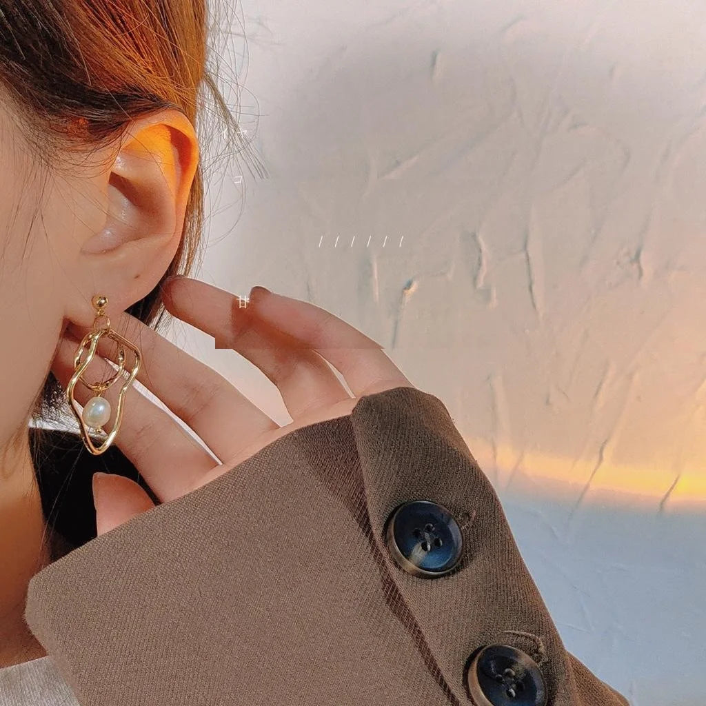Handmade Copper Freshwater Pearl Stud Earrings Irregular Geometric Silver Plated Pin Jewelry