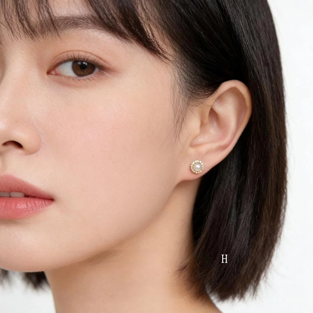 Micro Pave Zircon Round Geometric Pearl Stud Earrings For Women, Copper Minimalist Jewelry