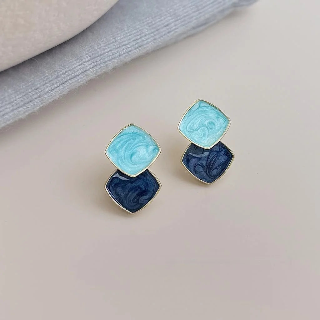 Eco-Friendly Copper Geometric Square Drop Earrings Sea Blue Contrast Vacation Style