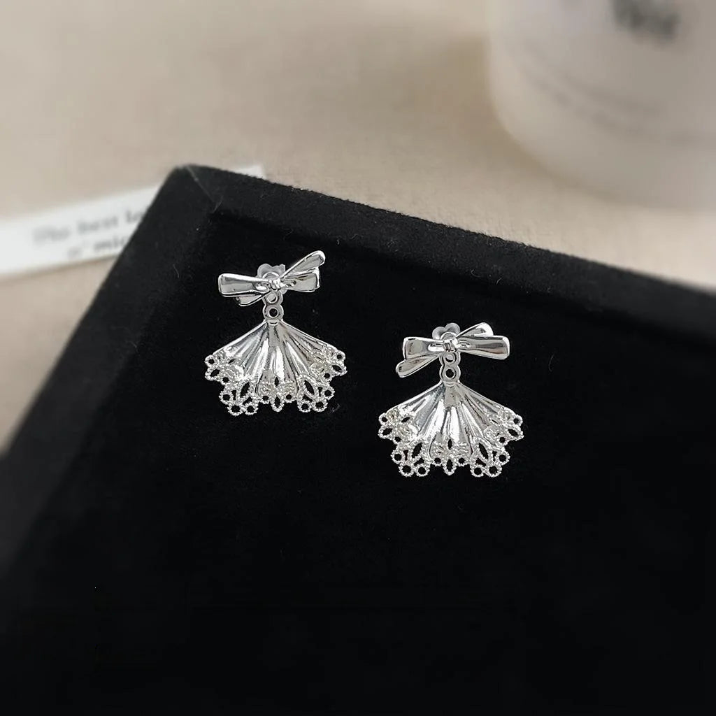 Sweet Korean Silver Bow Copper Drop Earrings 2 Way Ballet Girl Light Luxury Stud Earrings