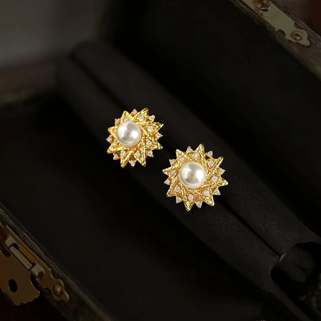 High Luster Pearl And Zircon Sun Geometric Micro Pave Stud Earrings Light Luxury Jewelry