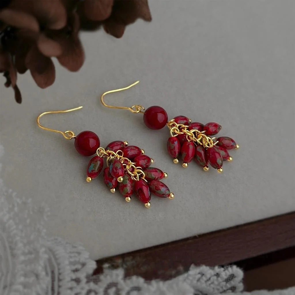 Handmade Chinese Style Fiery Red Glass Beaded Long Tassel Drop Earrings With Copper Hooks