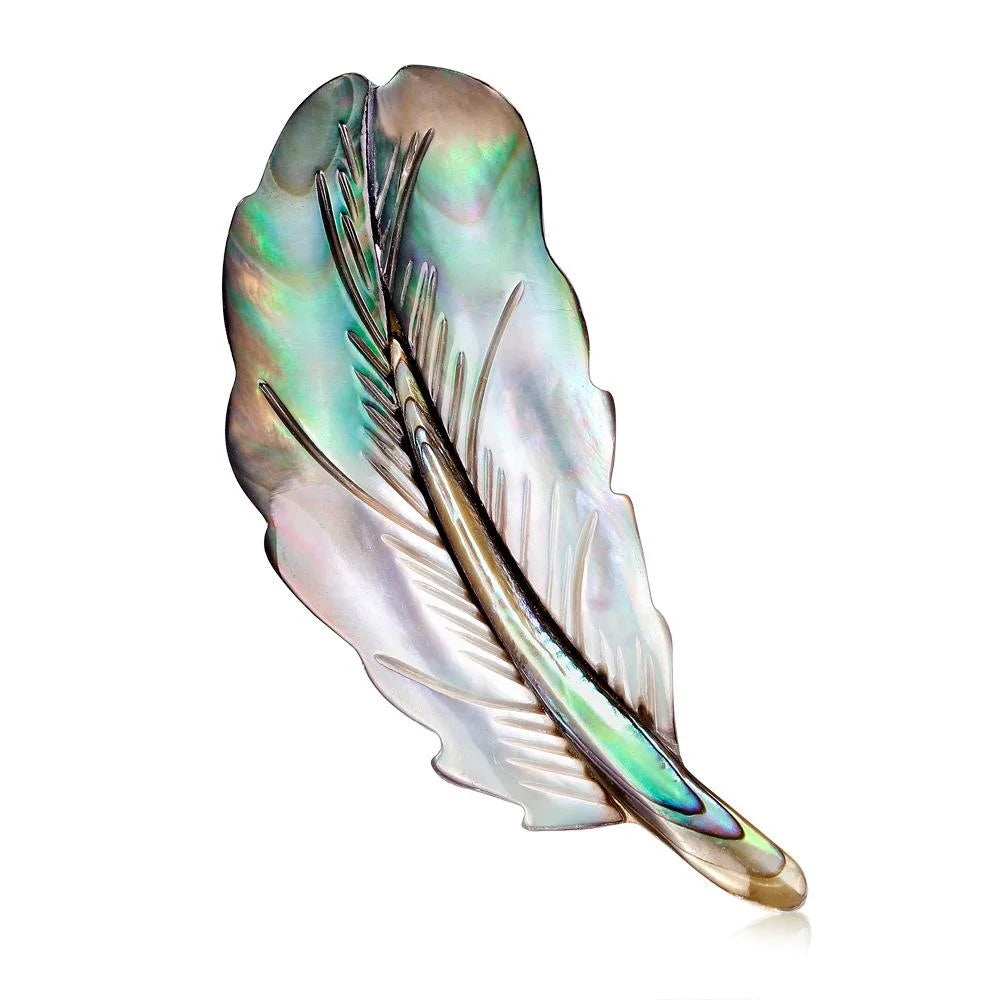 Elegant Abalone Mother Of Pearl Feather Brooch For Women, Alloy Lapel Pin Corsage Suit Accessory Gift