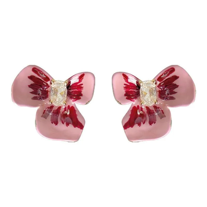 Sweet Enamel Painted Copper Iris Flower Drop Earrings With Zircon Three-Petal Floral Design