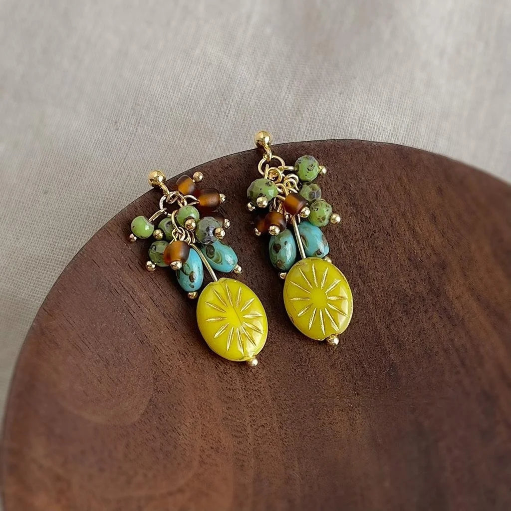 Copper Czech Glass Crystal Floral Geometric Tassel Drop Earrings Resort Style