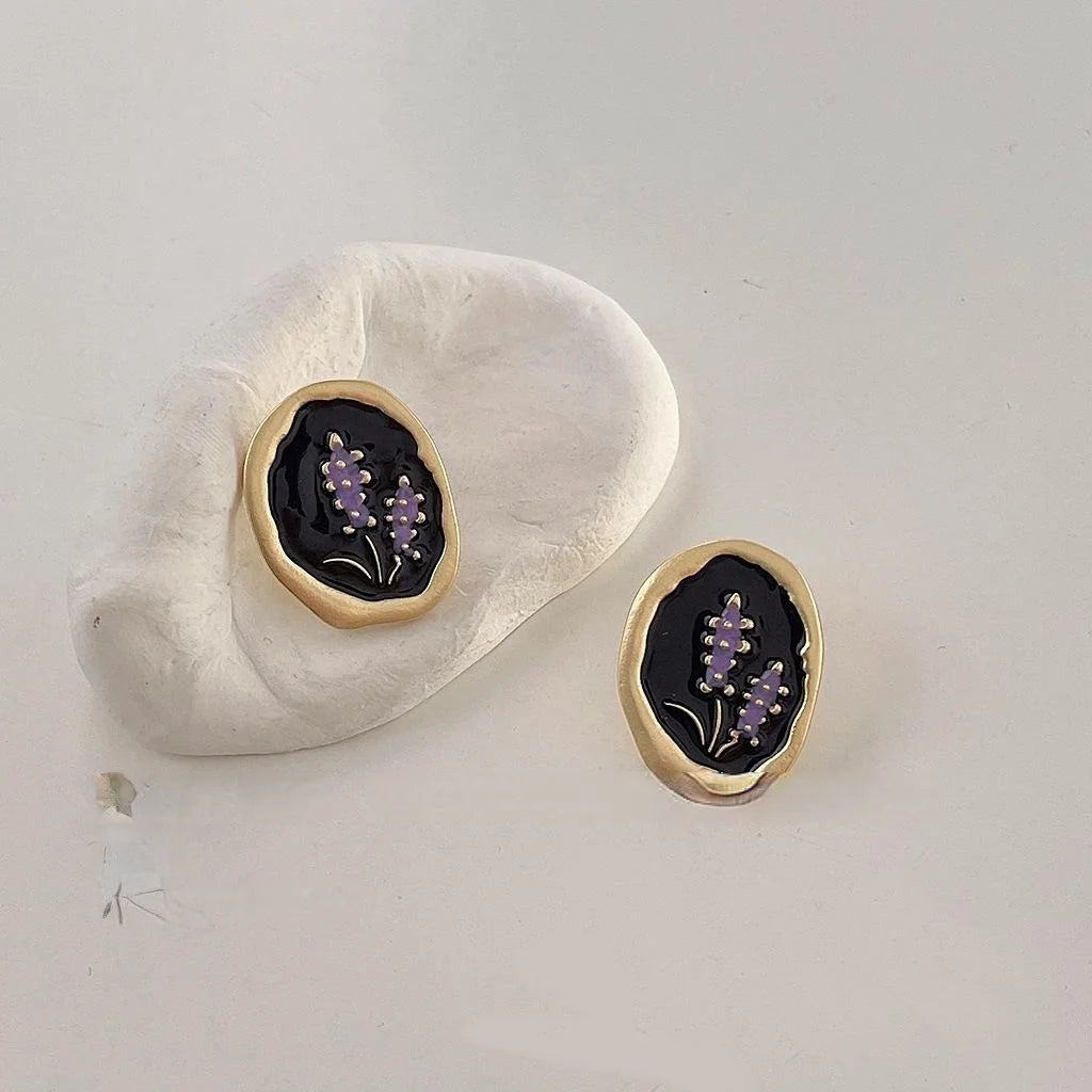 Premium Matte 14K Gold Plated Oval Geometric Enamel Stud Earrings