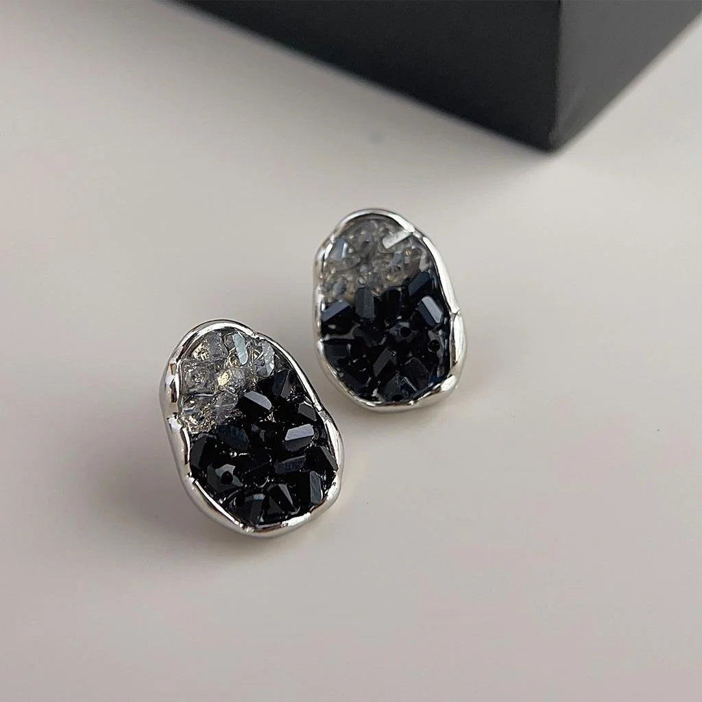 Black Glass Crystal Irregular Geometric Stud Earrings Elegant Handmade Jewelry