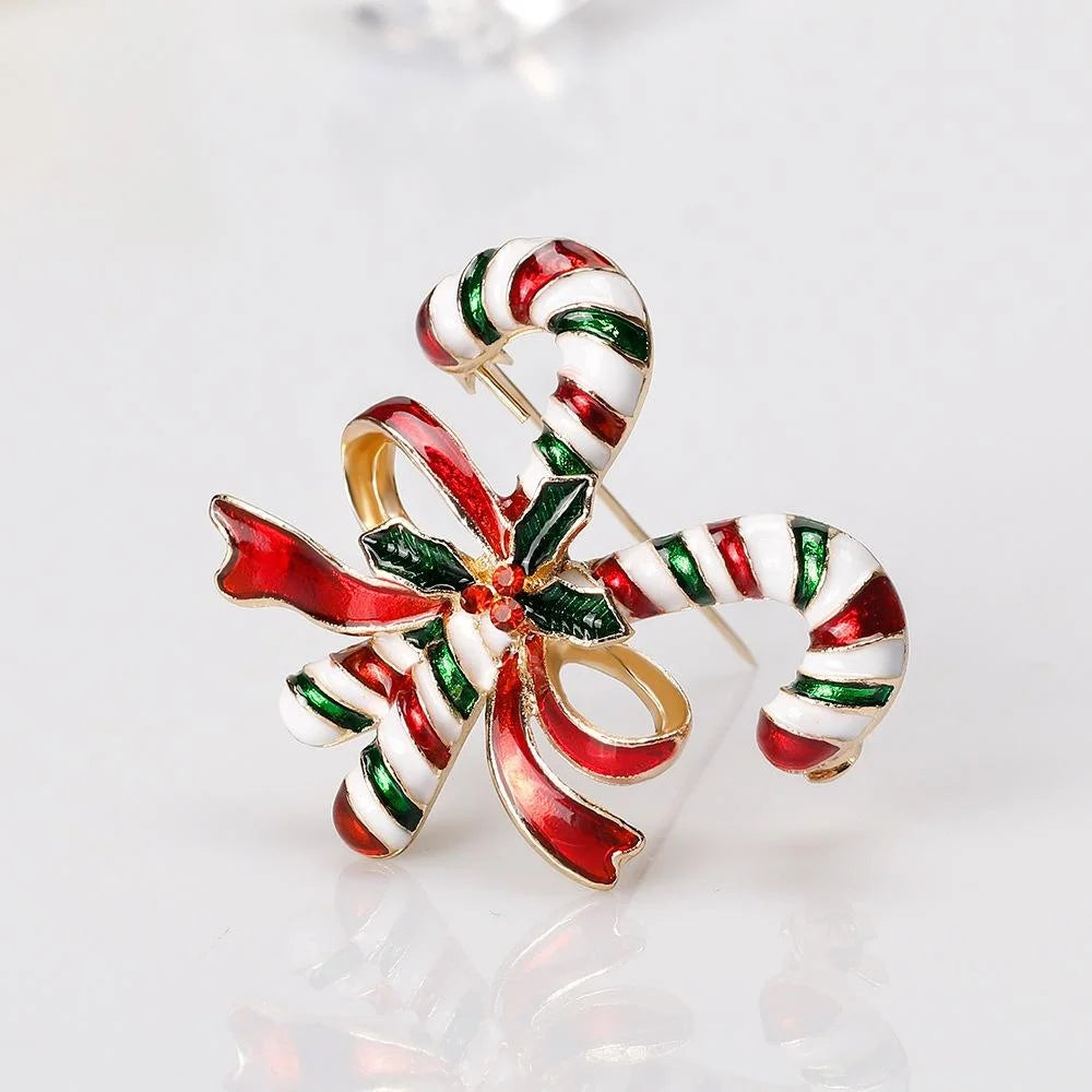 Elegant Christmas Double Candy Cane Enamel Brooch With Rhinestone Holly, Festive Lapel Pin Corsage Gift