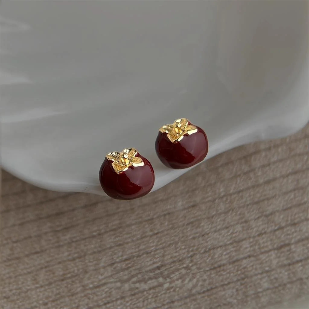 Vintage Burgundy Persimmon Enamel Glaze Eco-Friendly Copper Stud Earrings