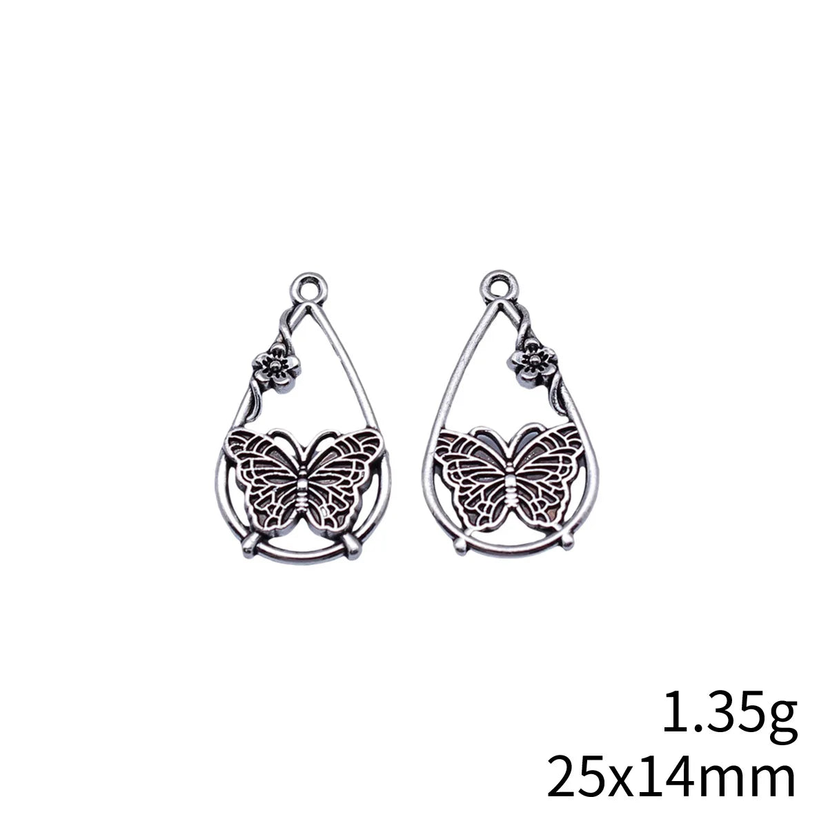 25x14mm 1.35g Antique Silver Zinc Alloy Flower Butterfly Teardrop Charm Pendant for DIY Jewelry